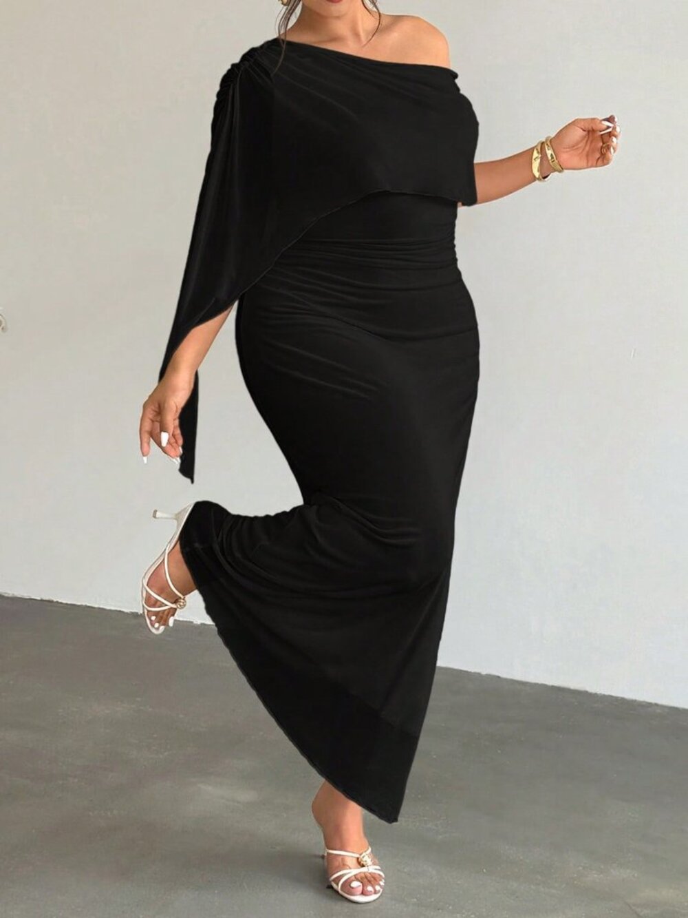 Black Elegant Women's Slim Fit Ruched Asymmetric High Waisted Long Pencil Dress
